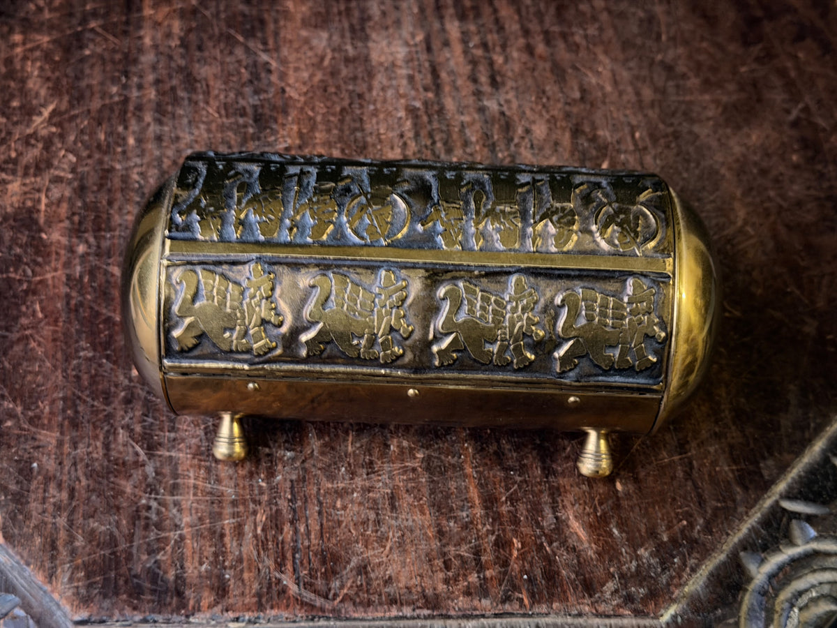 Vintage Near Eastern Brass Casket Box Chariot Winged Lion Relief Velvet Lined 6"