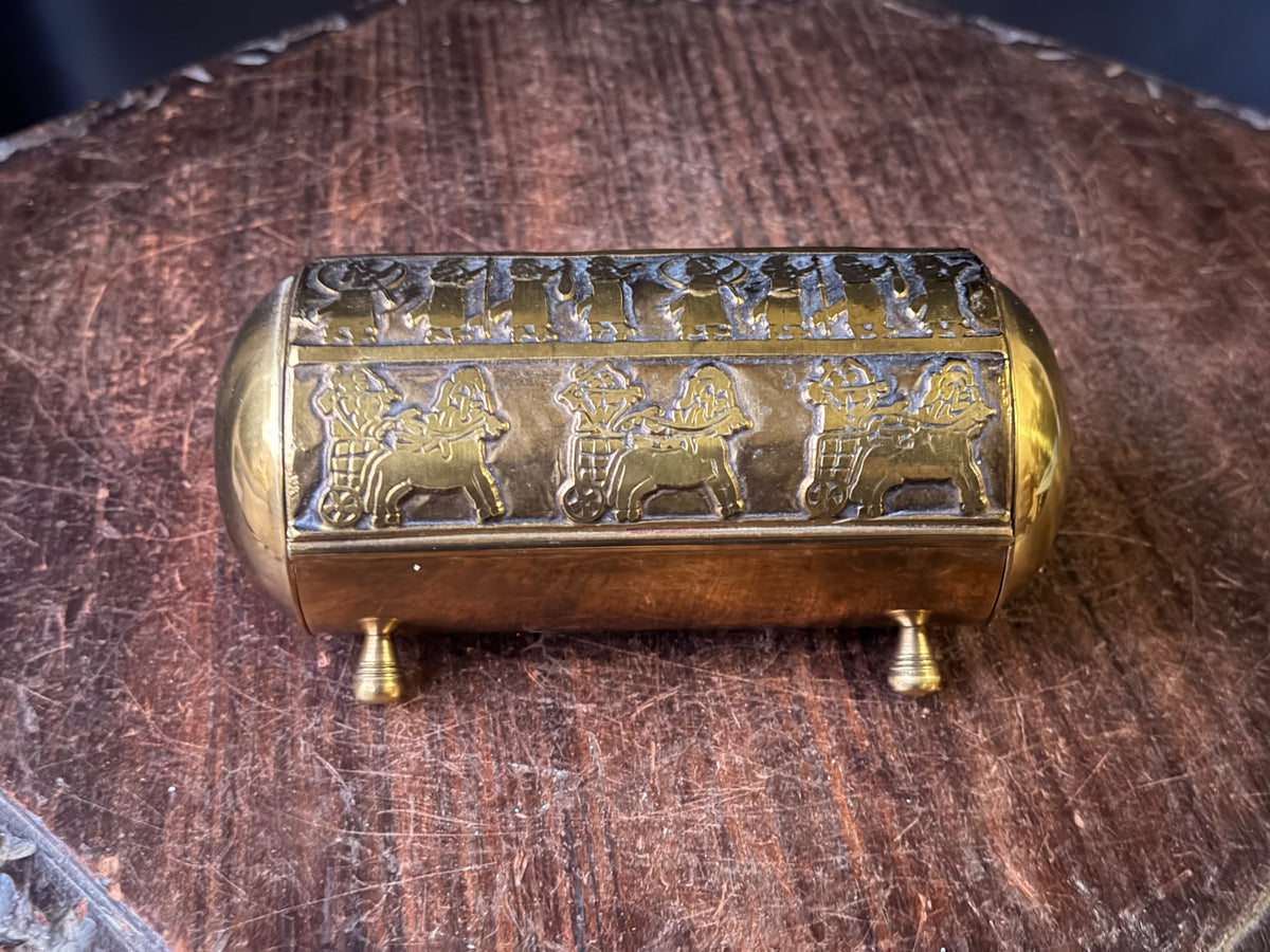 Vintage Near Eastern Brass Casket Box Chariot Winged Lion Relief Velvet Lined 6"