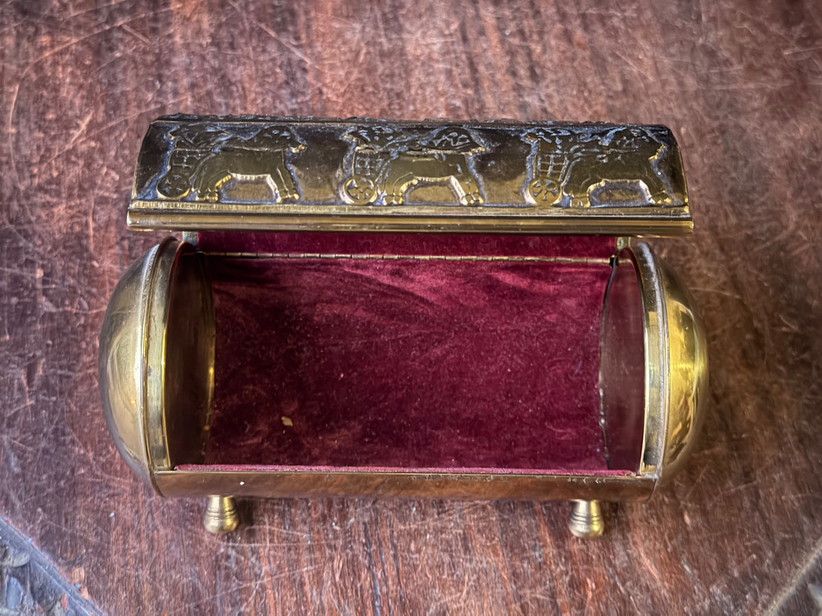 Vintage Near Eastern Brass Casket Box Chariot Winged Lion Relief Velvet Lined 6"