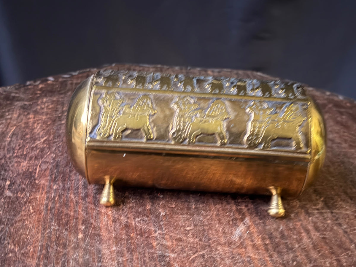 Vintage Near Eastern Brass Casket Box Chariot Winged Lion Relief Velvet Lined 6"