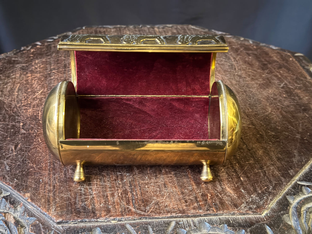 Vintage Near Eastern Brass Casket Box Chariot Winged Lion Relief Velvet Lined 6"