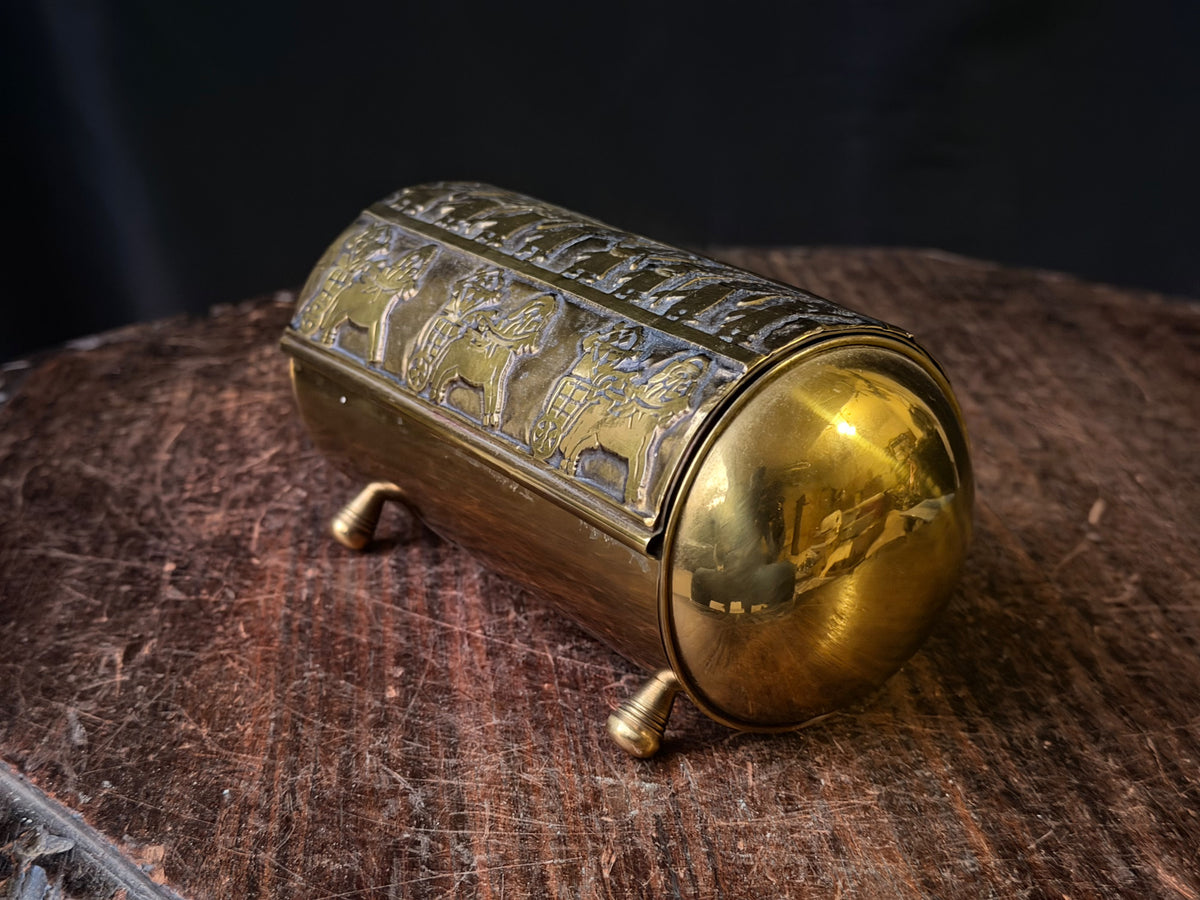 Vintage Near Eastern Brass Casket Box Chariot Winged Lion Relief Velvet Lined 6"