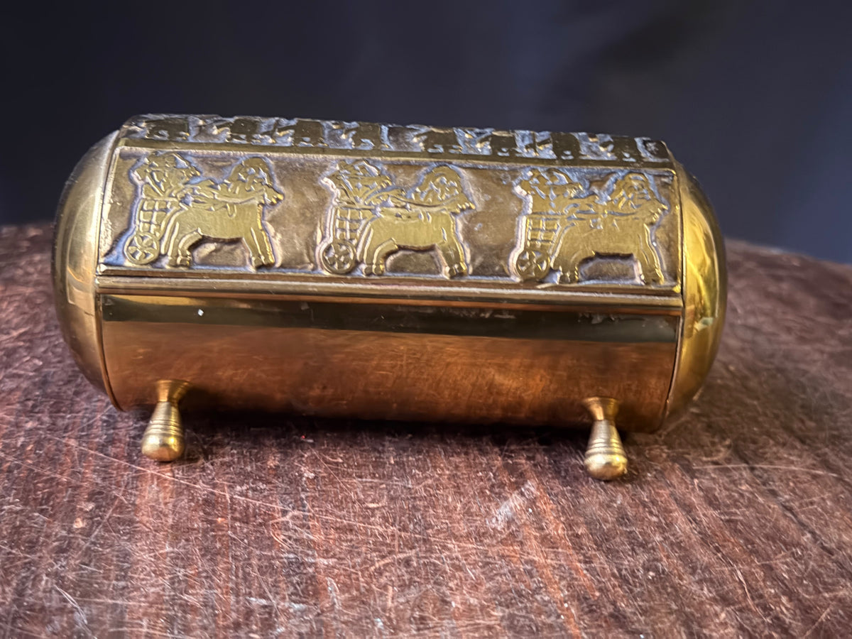 Vintage Near Eastern Brass Casket Box Chariot Winged Lion Relief Velvet Lined 6"