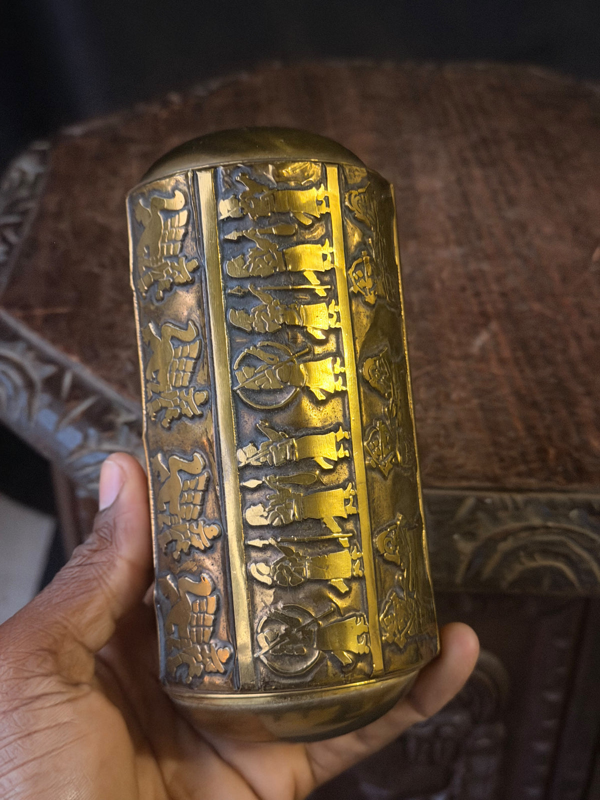 Vintage Near Eastern Brass Casket Box Chariot Winged Lion Relief Velvet Lined 6"