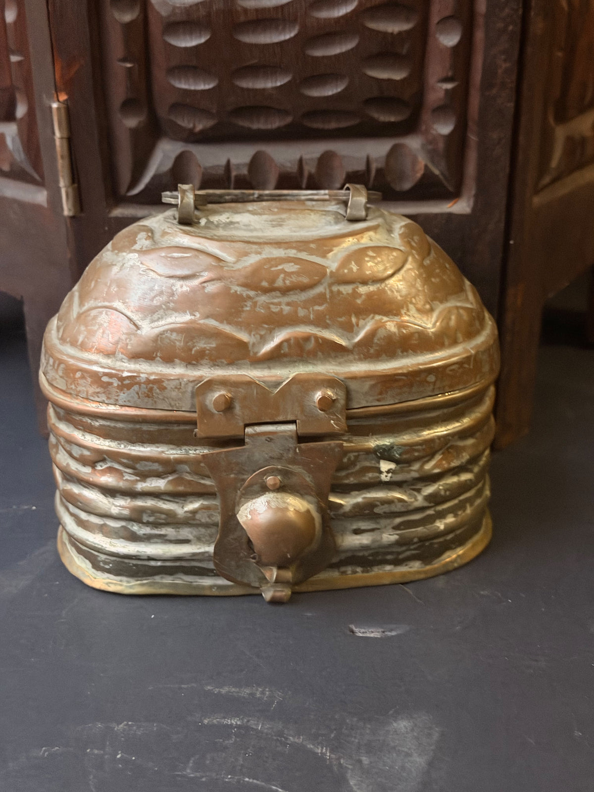 Vintage Turkish Tinned Copper Hammam Soap Box Kildan Bail Handle Pierced Base 6"