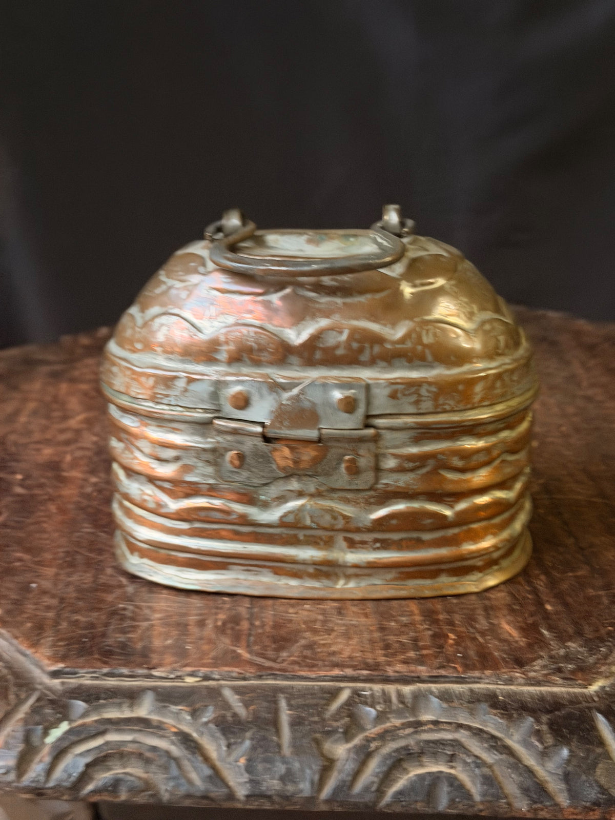 Vintage Turkish Tinned Copper Hammam Soap Box Kildan Bail Handle Pierced Base 6"
