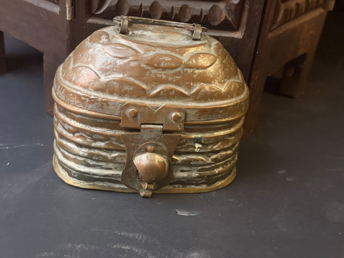 Vintage Turkish Tinned Copper Hammam Soap Box Kildan Bail Handle Pierced Base 6"