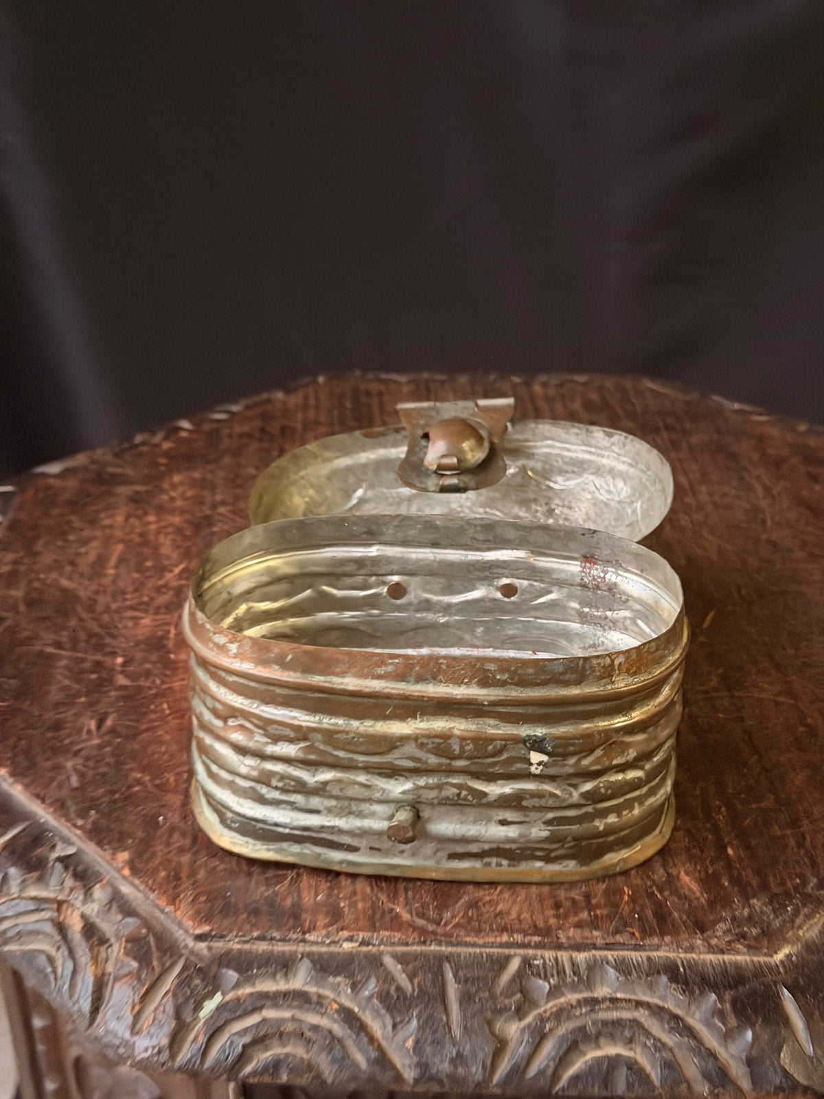 Vintage Turkish Tinned Copper Hammam Soap Box Kildan Bail Handle Pierced Base 6"