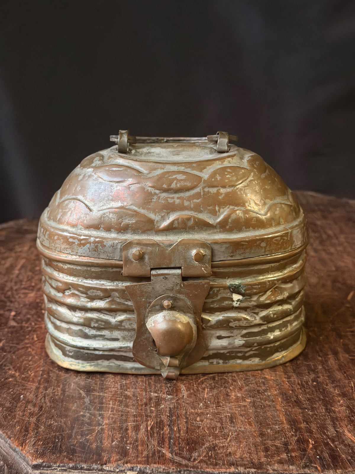 Vintage Turkish Tinned Copper Hammam Soap Box Kildan Bail Handle Pierced Base 6"