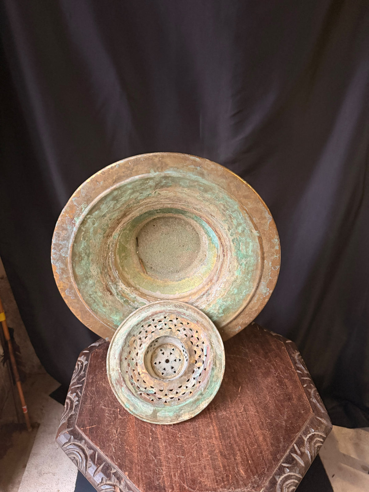 Vintage Turkish Hammered Copper Alloy Ablution Basin Legen Pierced Strainer 16"