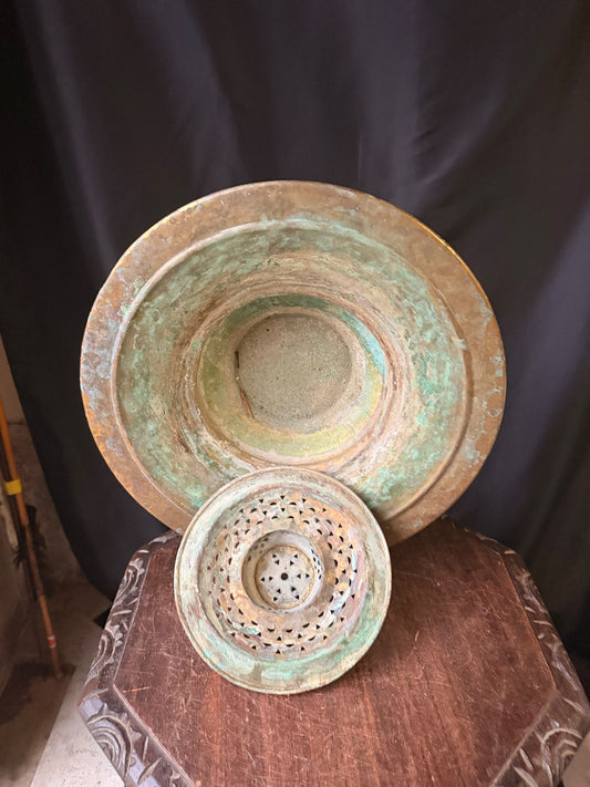 Vintage Turkish Hammered Copper Alloy Ablution Basin Legen Pierced Strainer 16"