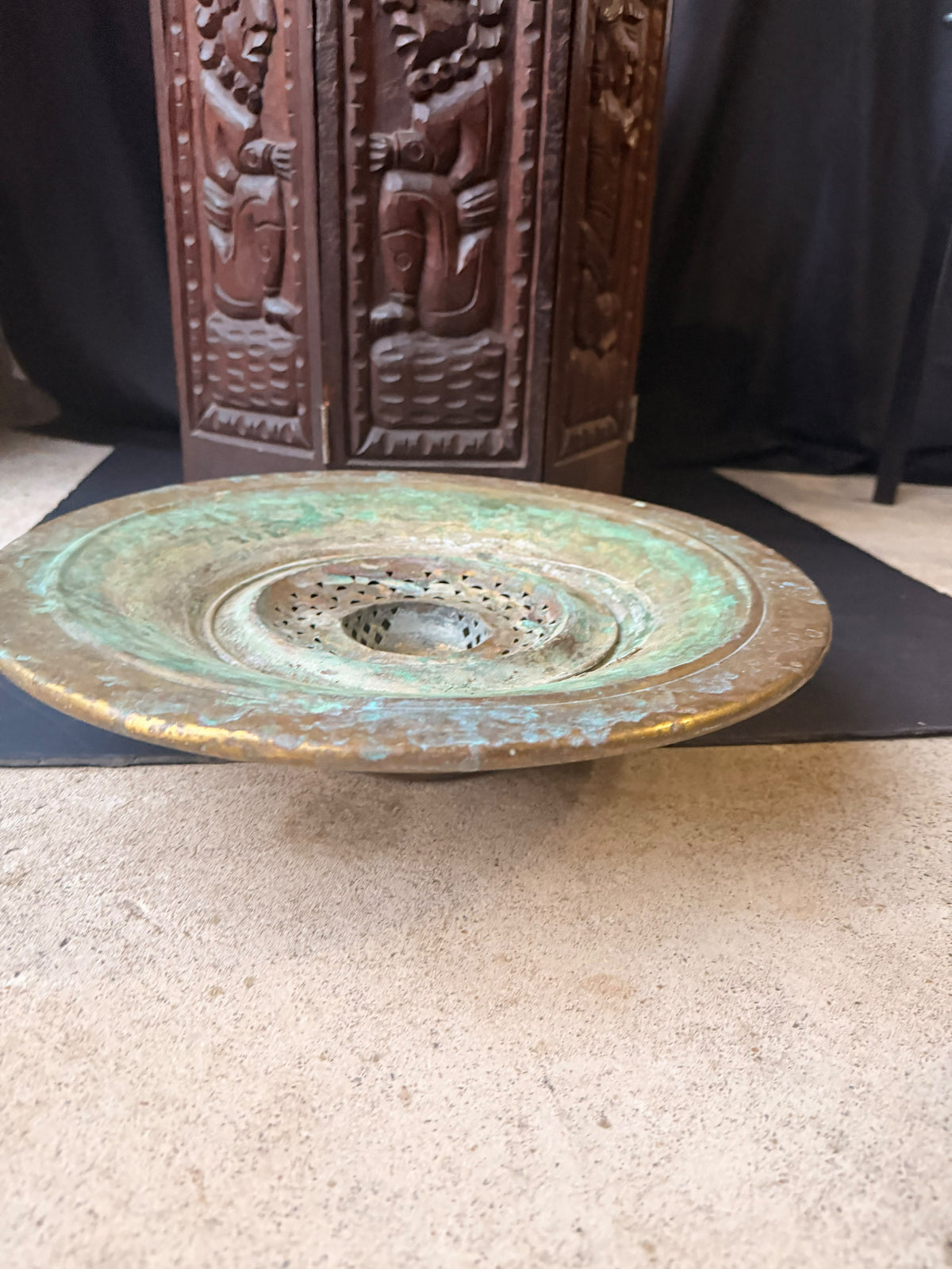Vintage Turkish Hammered Copper Alloy Ablution Basin Legen Pierced Strainer 16"