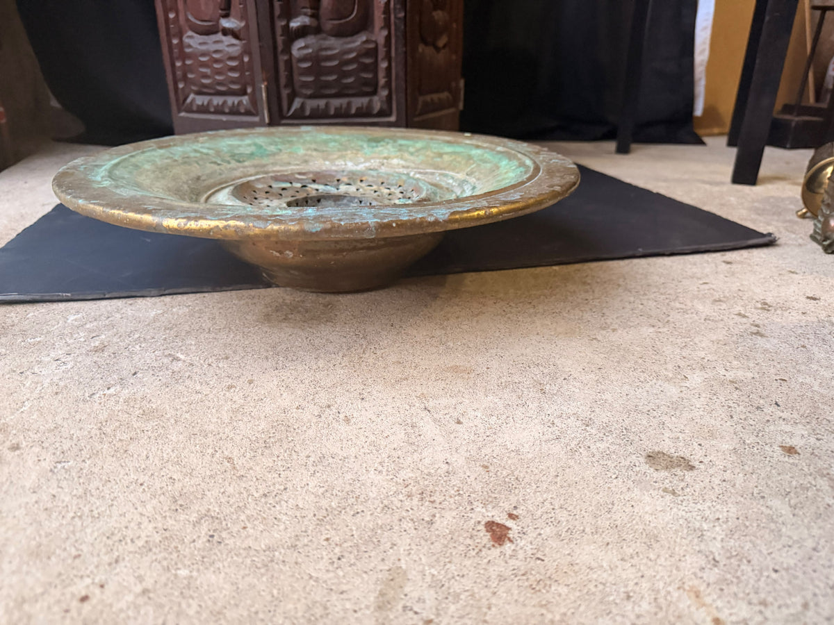 Vintage Turkish Hammered Copper Alloy Ablution Basin Legen Pierced Strainer 16"