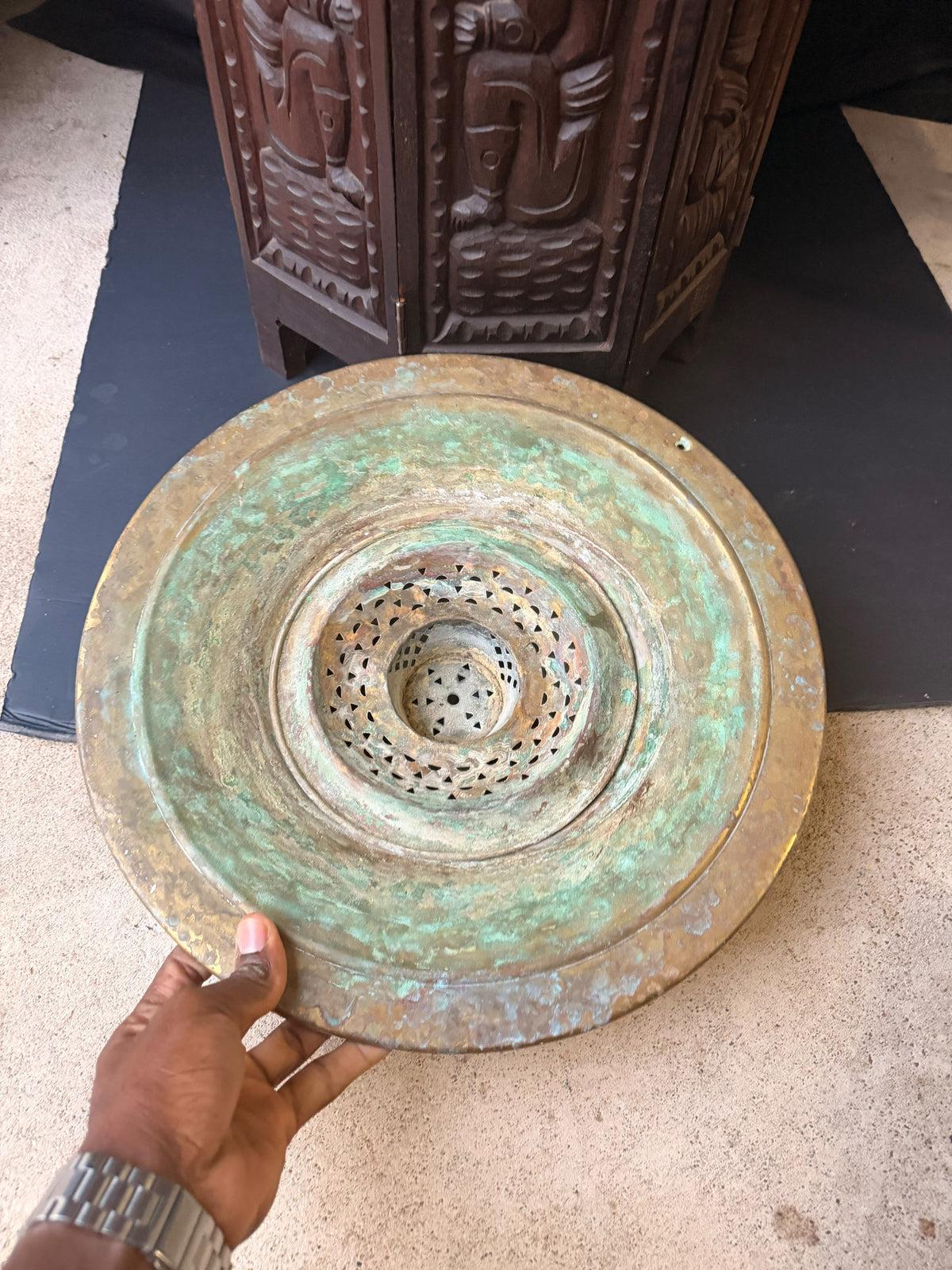 Vintage Turkish Hammered Copper Alloy Ablution Basin Legen Pierced Strainer 16"