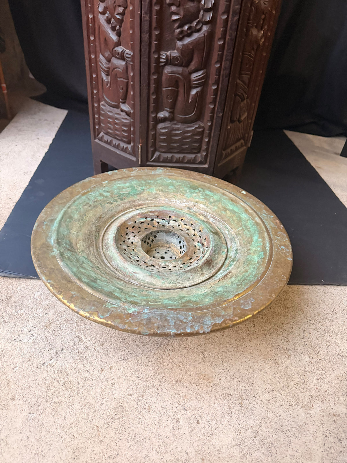 Vintage Turkish Hammered Copper Alloy Ablution Basin Legen Pierced Strainer 16"