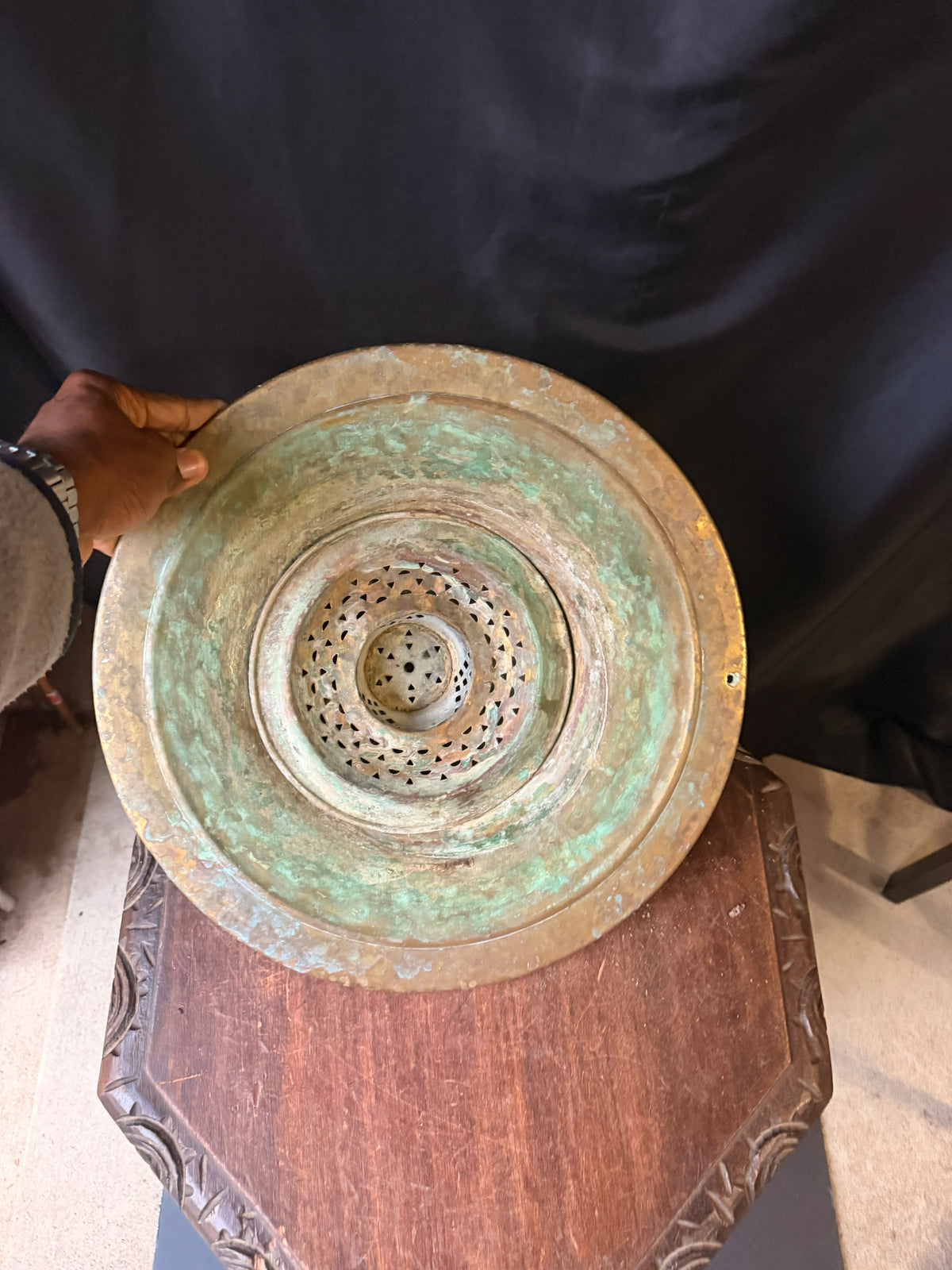 Vintage Turkish Hammered Copper Alloy Ablution Basin Legen Pierced Strainer 16"