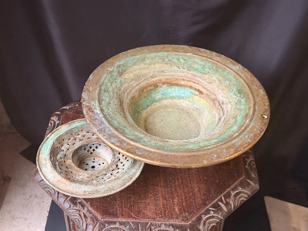 Vintage Turkish Hammered Copper Alloy Ablution Basin Legen Pierced Strainer 16"