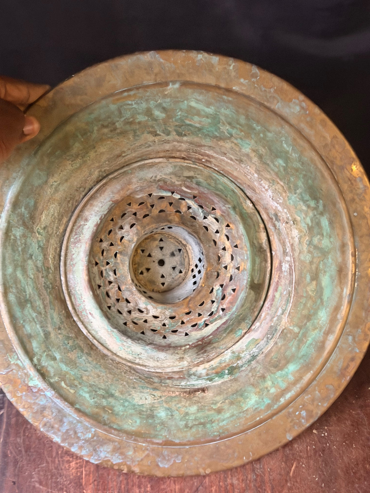 Vintage Turkish Hammered Copper Alloy Ablution Basin Legen Pierced Strainer 16"