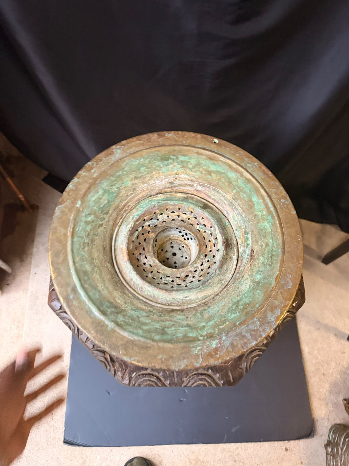 Vintage Turkish Hammered Copper Alloy Ablution Basin Legen Pierced Strainer 16"