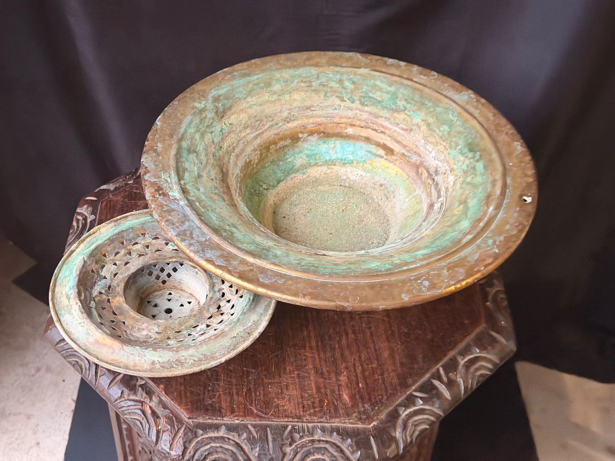 Vintage Turkish Hammered Copper Alloy Ablution Basin Legen Pierced Strainer 16"