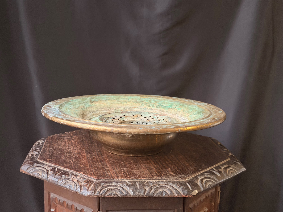 Vintage Turkish Hammered Copper Alloy Ablution Basin Legen Pierced Strainer 16"