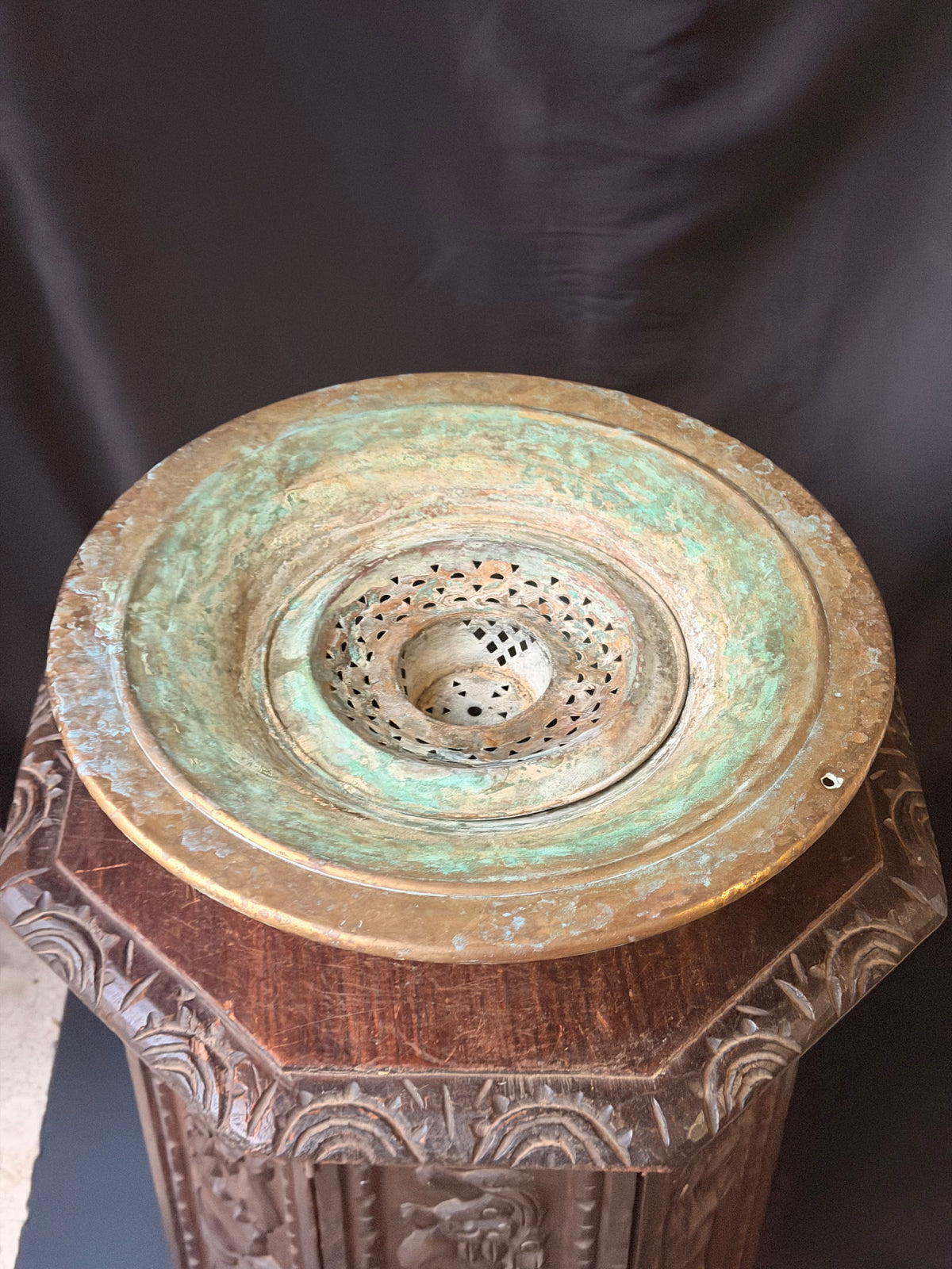 Vintage Turkish Hammered Copper Alloy Ablution Basin Legen Pierced Strainer 16"