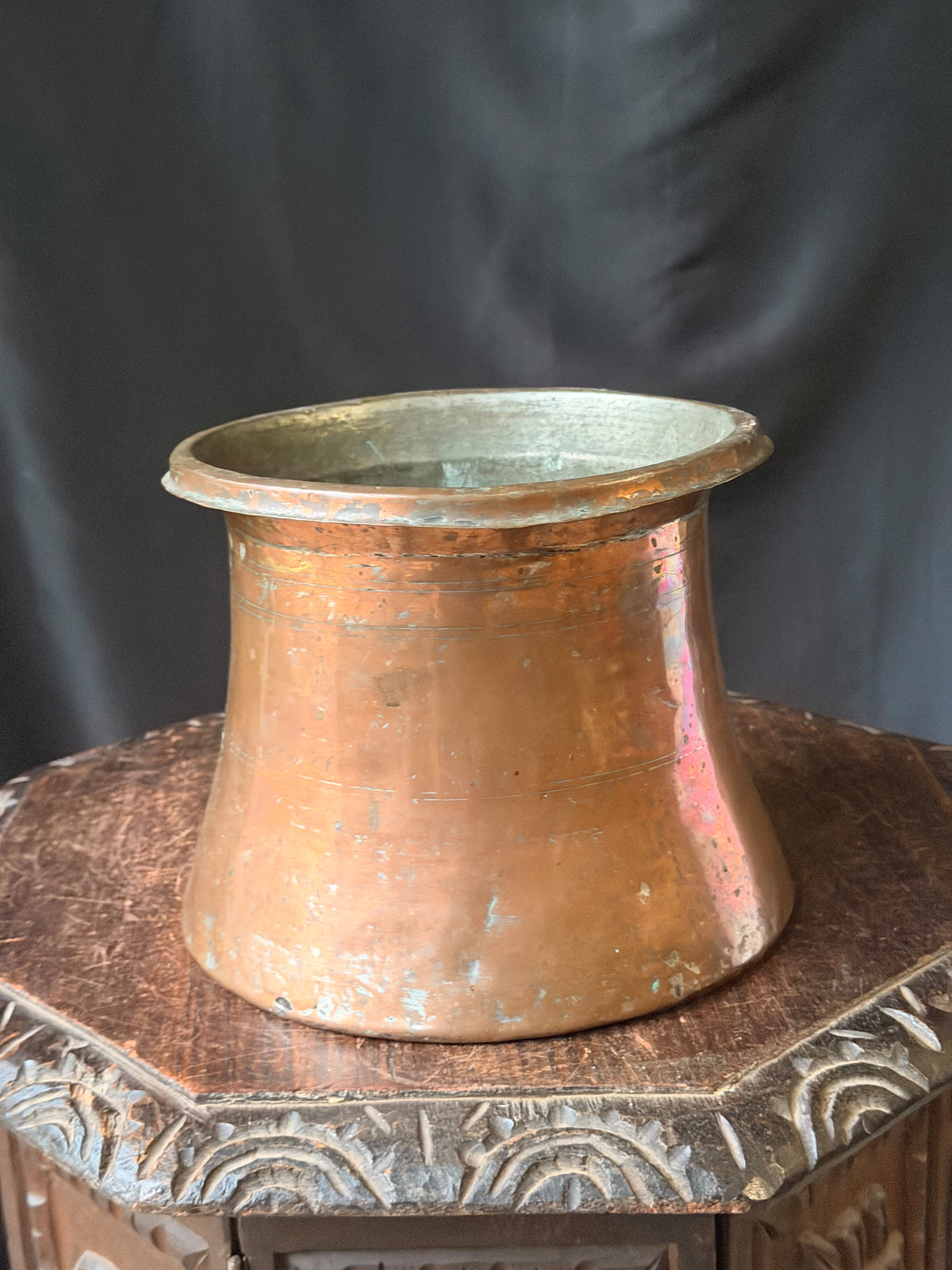 Vintage Turkish Hand Hammered Tinned Copper Pot Flared Rim Conical Body 9"