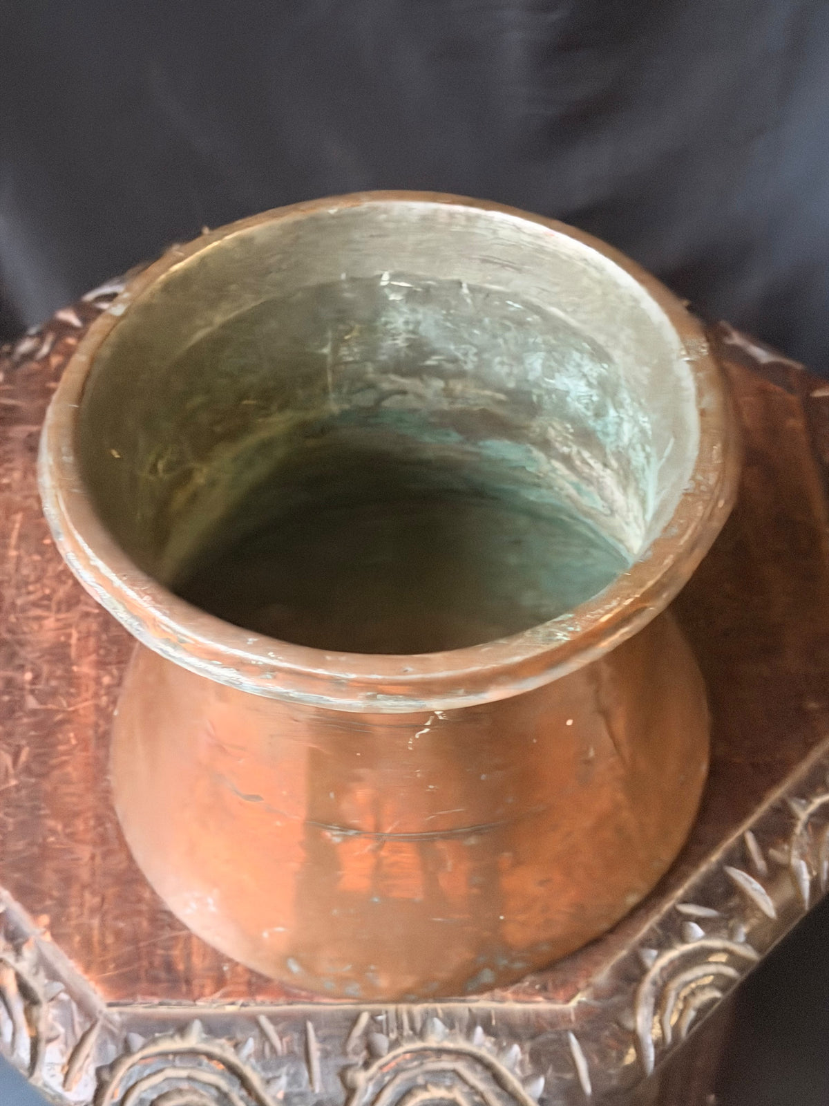 Vintage Turkish Hand Hammered Tinned Copper Pot Flared Rim Conical Body 9"