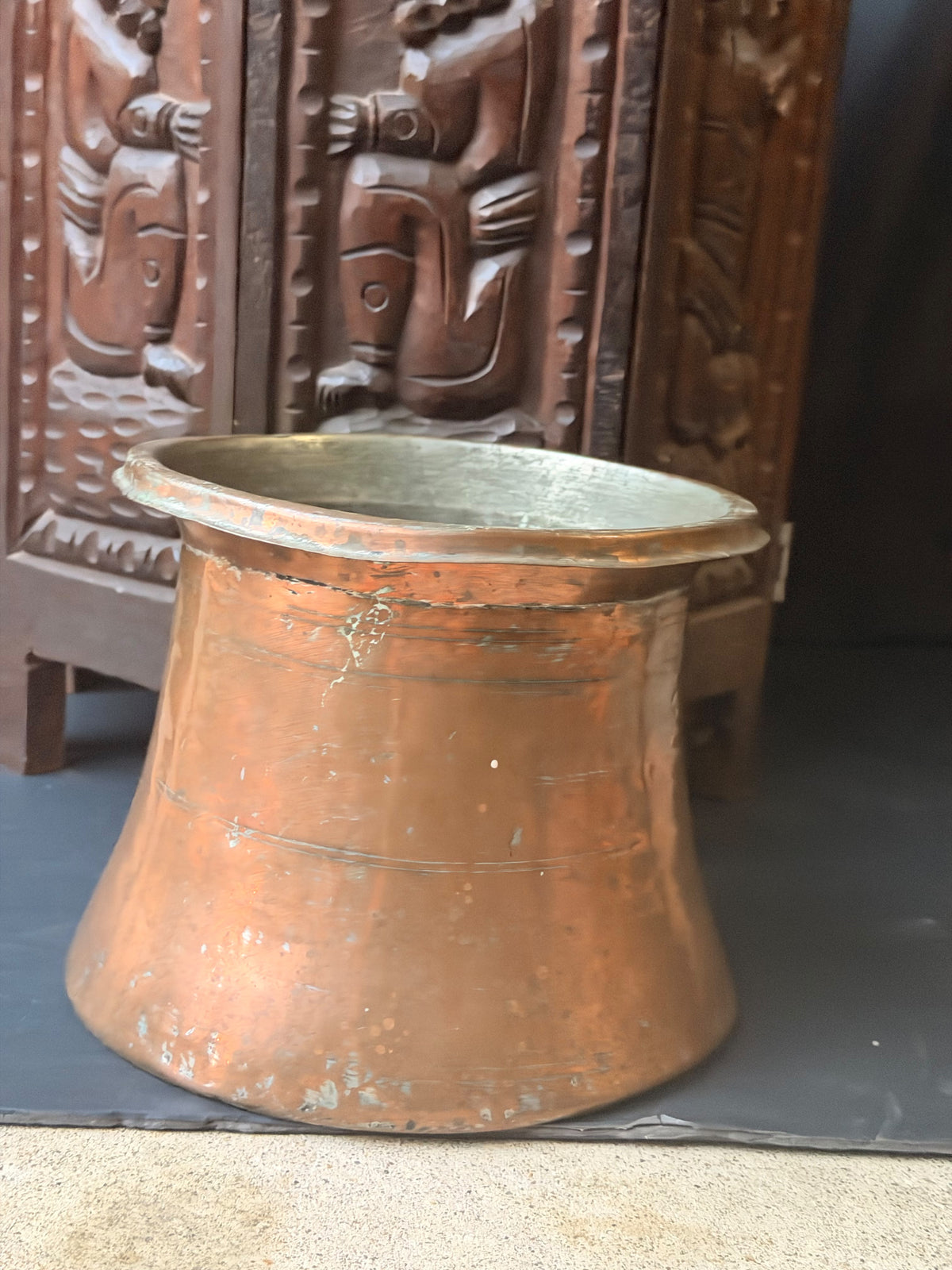 Vintage Turkish Hand Hammered Tinned Copper Pot Flared Rim Conical Body 9"