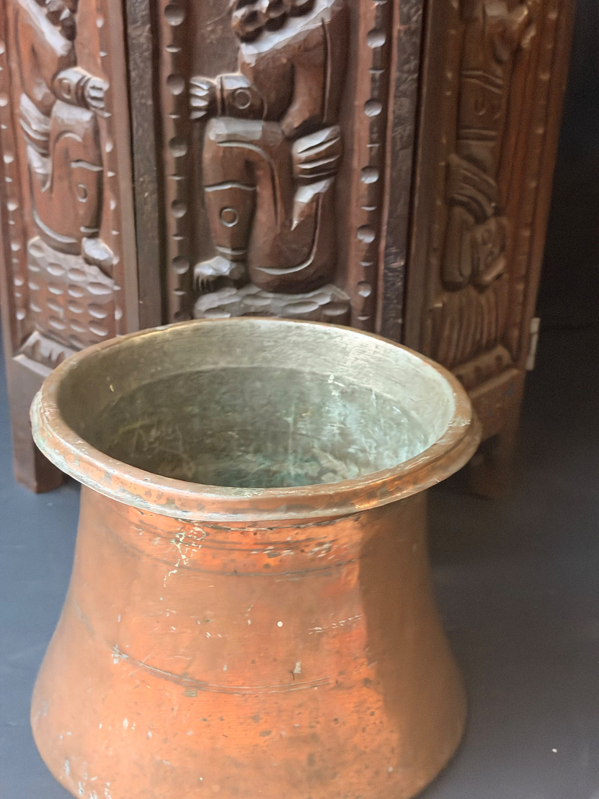 Vintage Turkish Hand Hammered Tinned Copper Pot Flared Rim Conical Body 9"