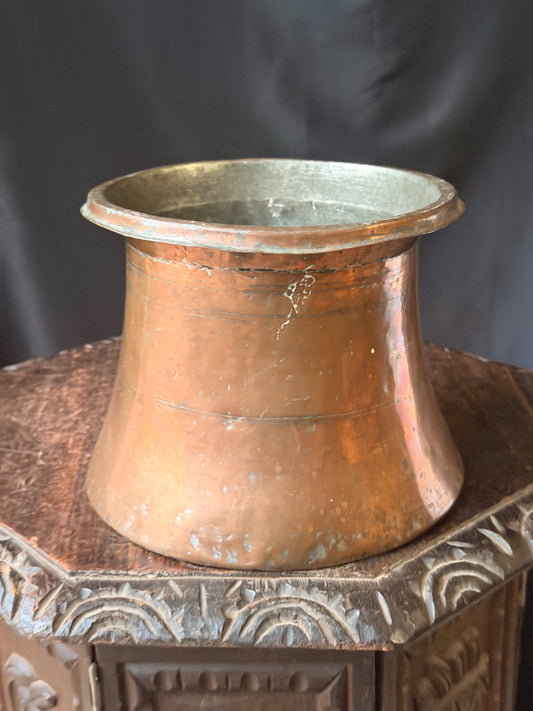 Vintage Turkish Hand Hammered Tinned Copper Pot Flared Rim Conical Body 9"