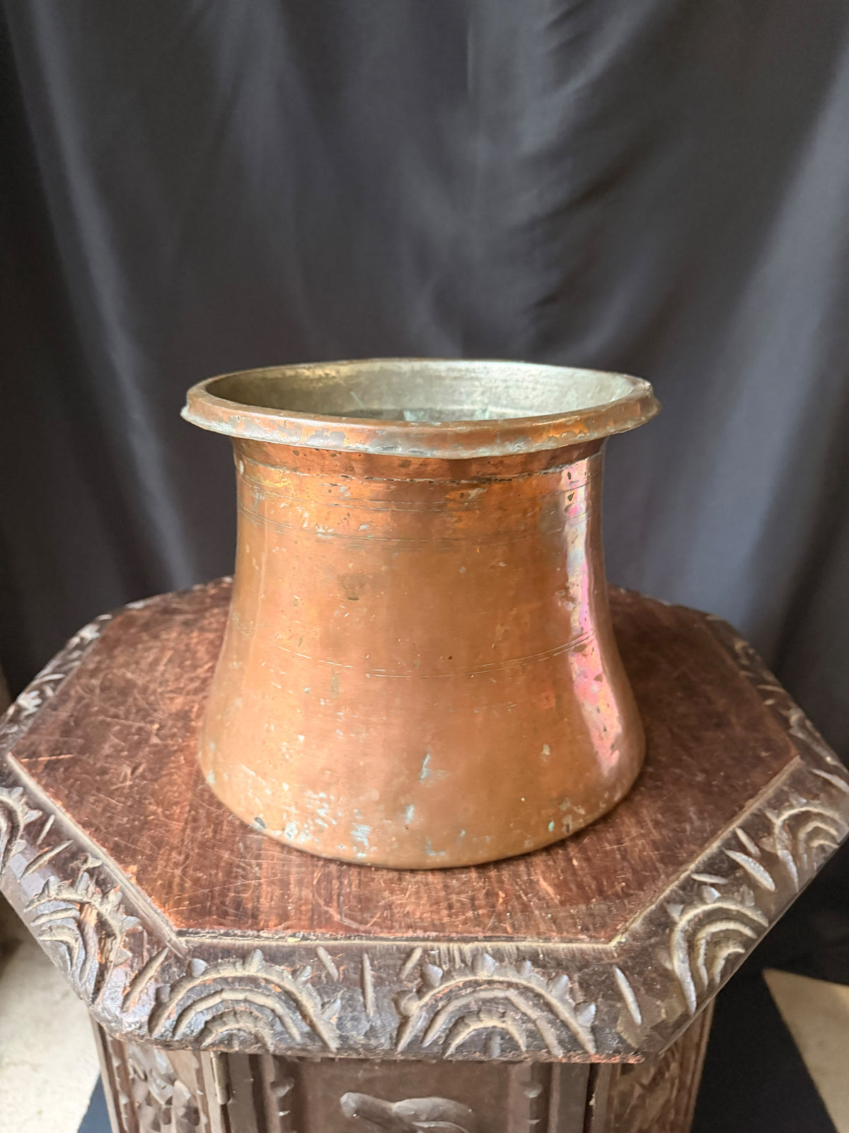 Vintage Turkish Hand Hammered Tinned Copper Pot Flared Rim Conical Body 9"