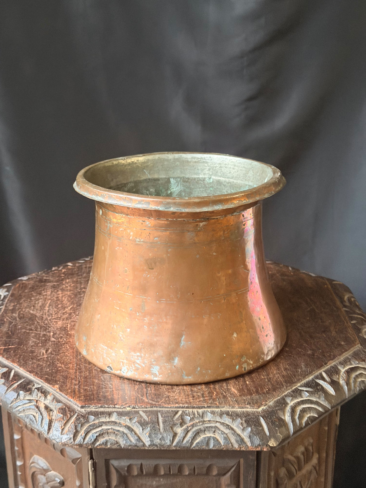 Vintage Turkish Hand Hammered Tinned Copper Pot Flared Rim Conical Body 9"