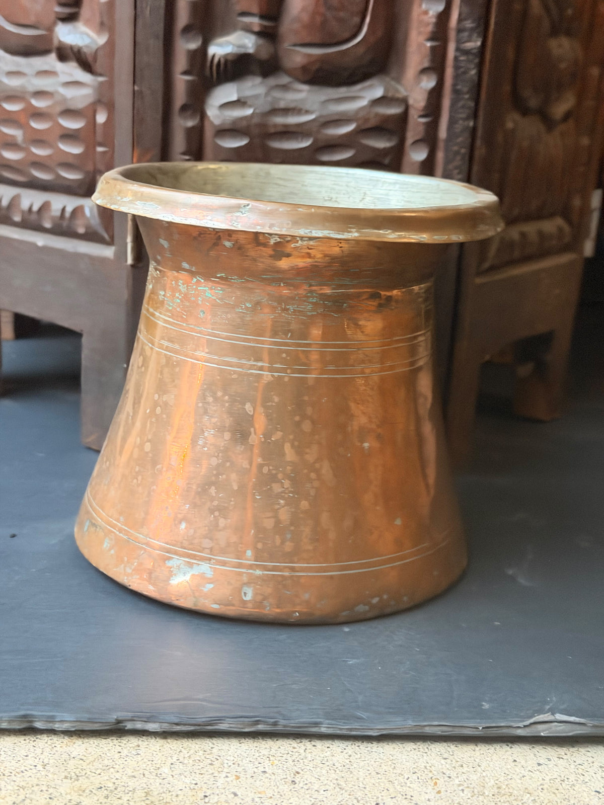 Vintage Turkish Hand Hammered Tinned Copper Pot Flared Rim Conical Body 6.5"