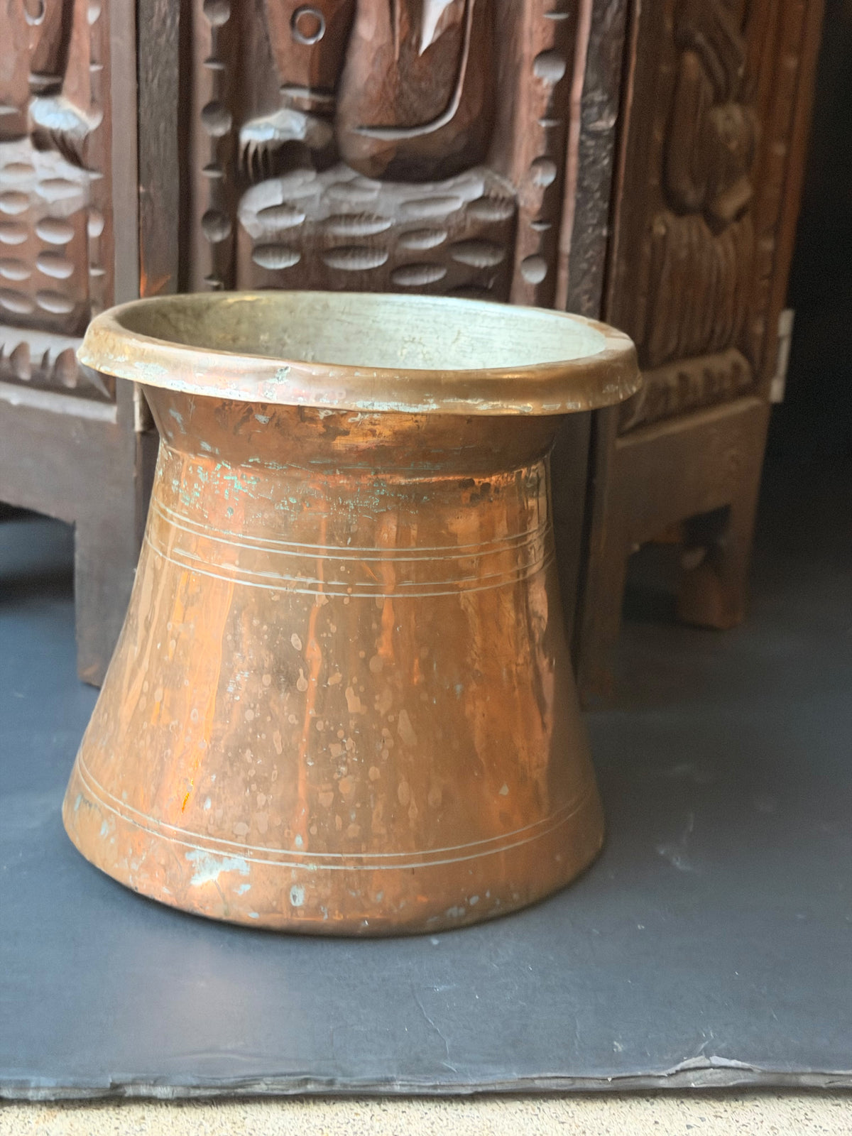 Vintage Turkish Hand Hammered Tinned Copper Pot Flared Rim Conical Body 6.5"
