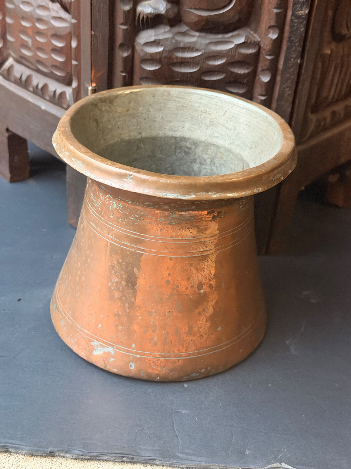 Vintage Turkish Hand Hammered Tinned Copper Pot Flared Rim Conical Body 6.5"