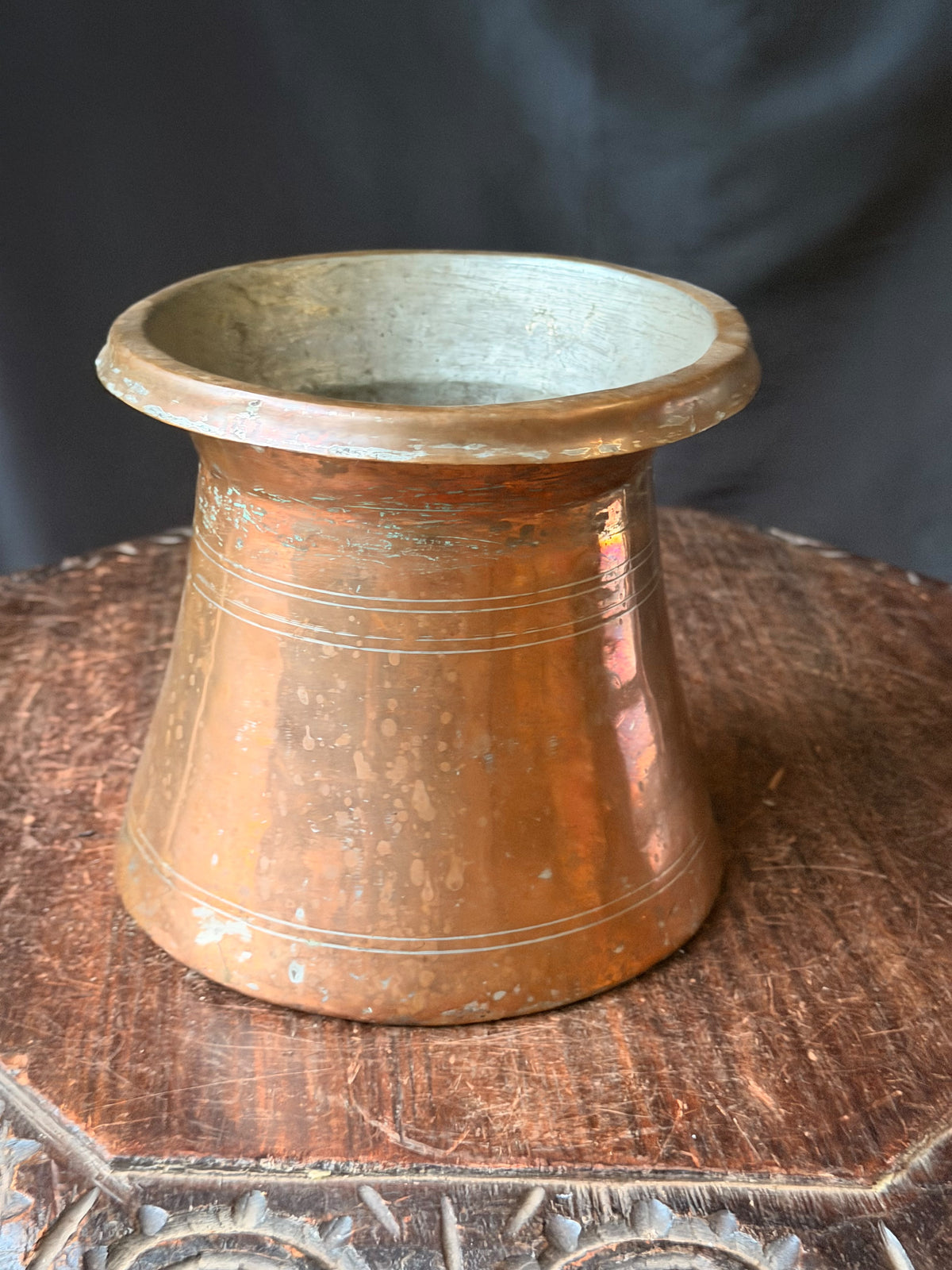 Vintage Turkish Hand Hammered Tinned Copper Pot Flared Rim Conical Body 6.5"