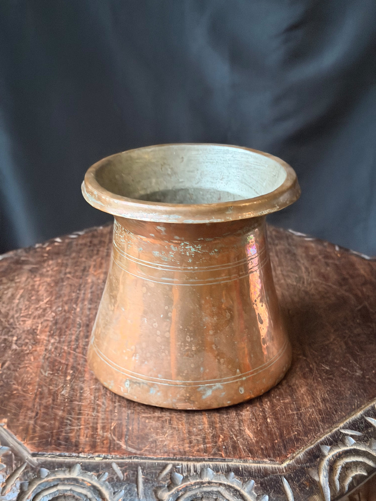 Vintage Turkish Hand Hammered Tinned Copper Pot Flared Rim Conical Body 6.5"