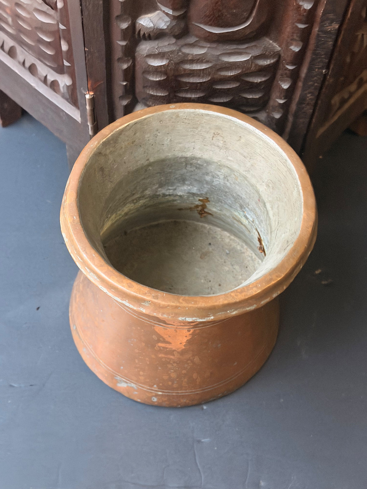 Vintage Turkish Hand Hammered Tinned Copper Pot Flared Rim Conical Body 6.5"