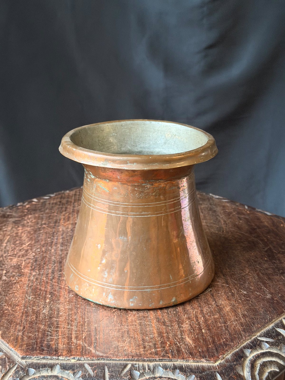 Vintage Turkish Hand Hammered Tinned Copper Pot Flared Rim Conical Body 6.5"