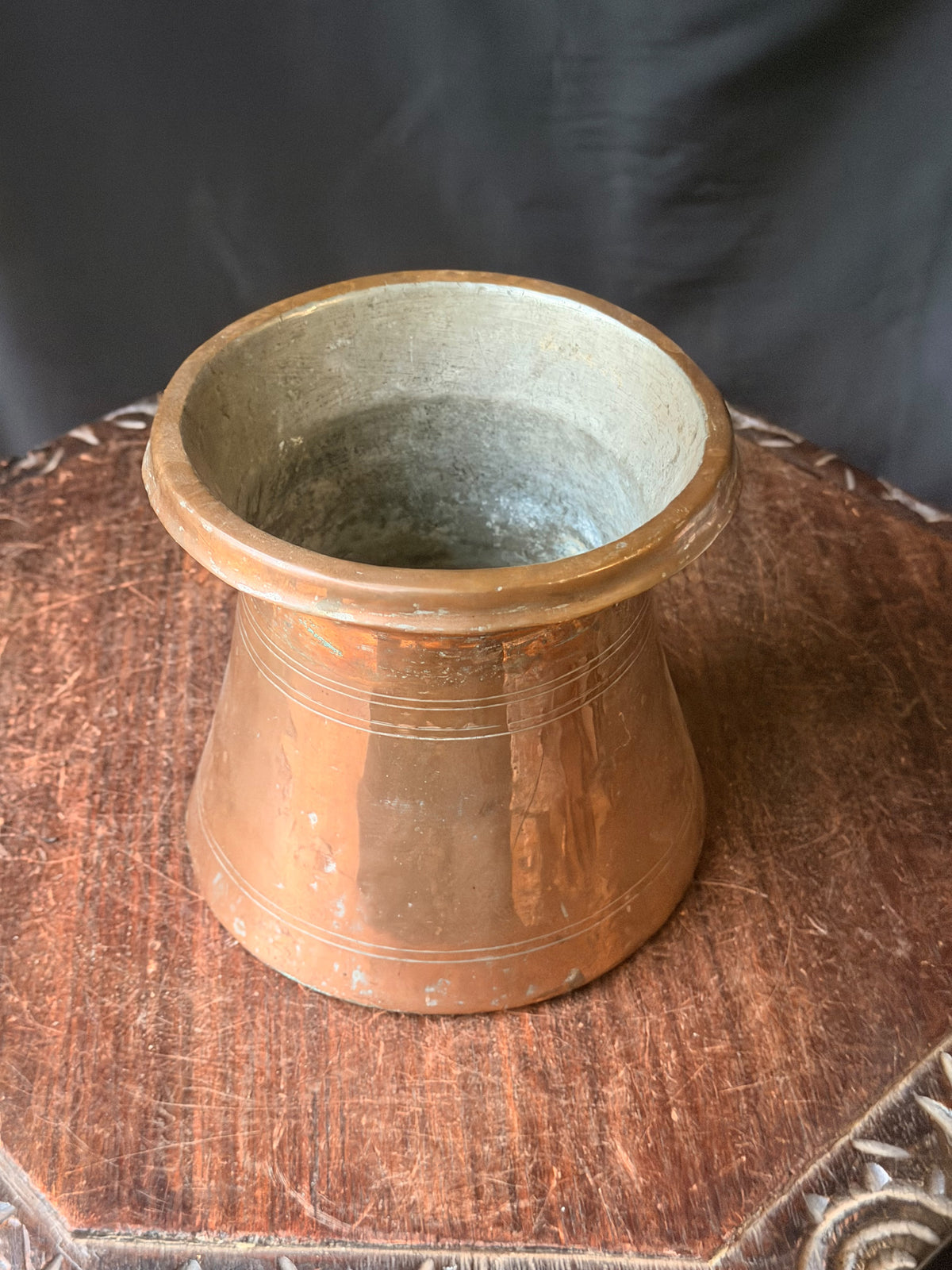 Vintage Turkish Hand Hammered Tinned Copper Pot Flared Rim Conical Body 6.5"