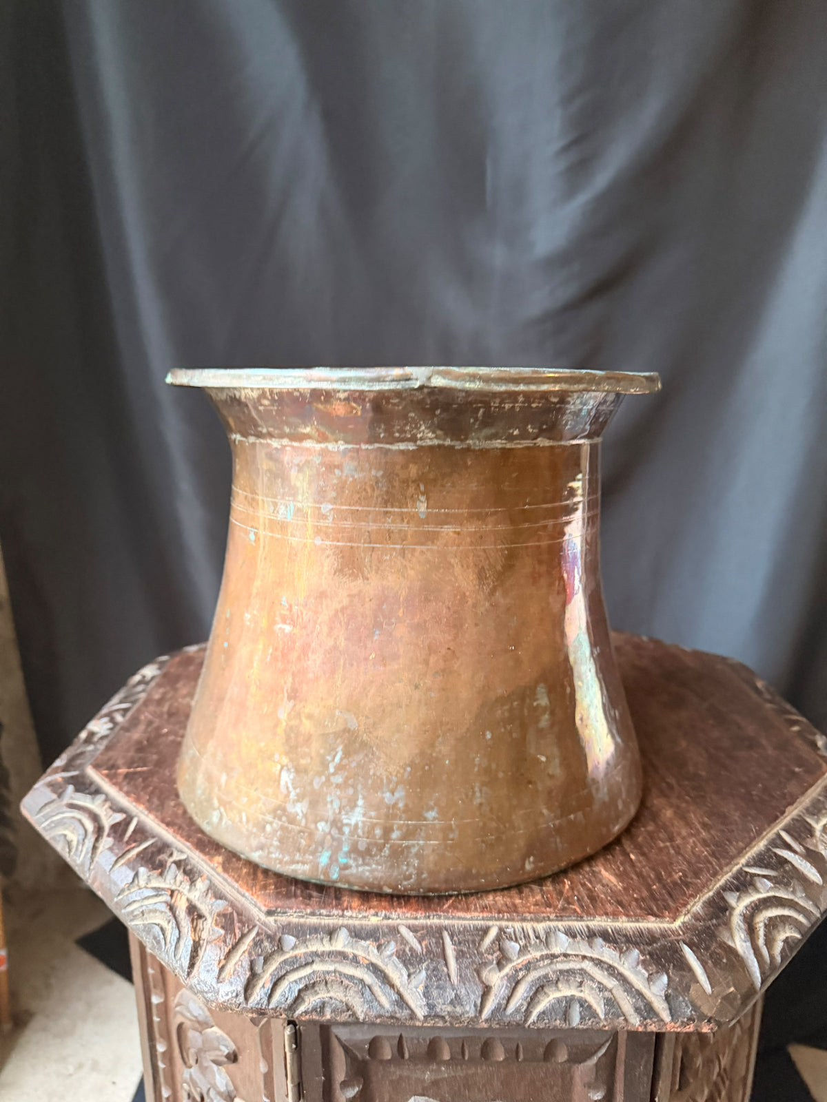 Vintage Turkish Hand Hammered Tinned Copper Pot Flared Rim Conical Body 9.8"
