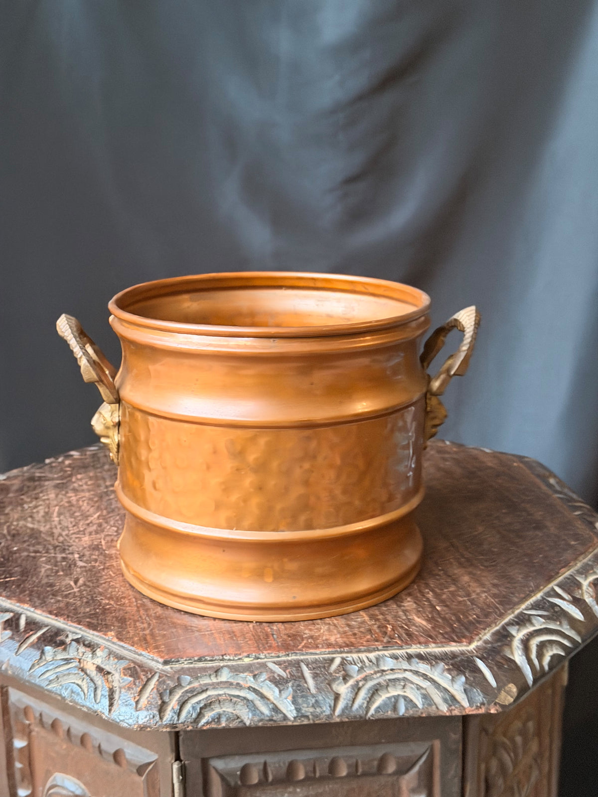 Vintage Hammered Copper Planter Cachepot Brass Satyr Mask Ram Horn Handles 10"