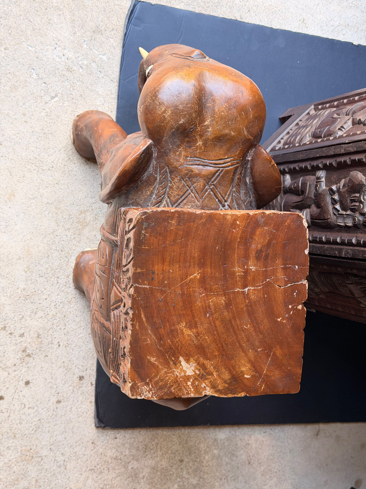 Vintage Thai Hand Carved Wood Elephant Plant Stand Side Table Stool 18 in