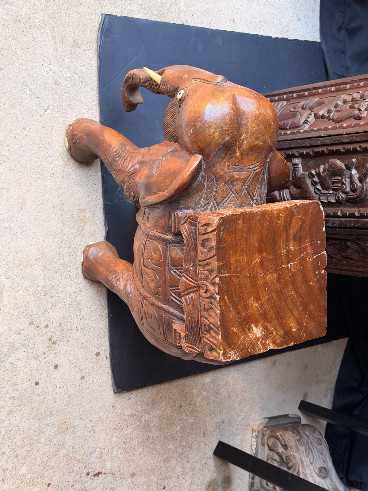 Vintage Thai Hand Carved Wood Elephant Plant Stand Side Table Stool 18 in