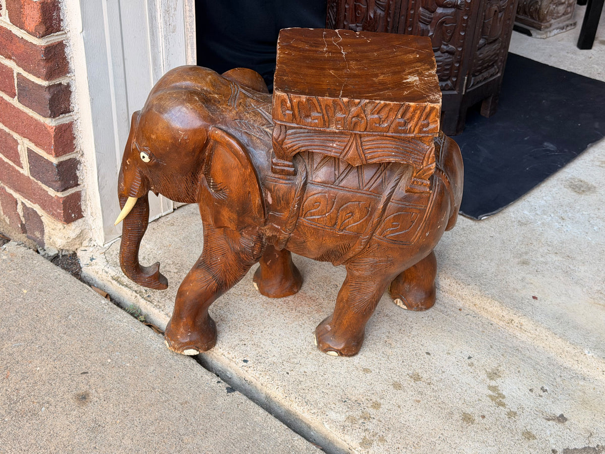 Vintage Thai Hand Carved Wood Elephant Plant Stand Side Table Stool 18 in