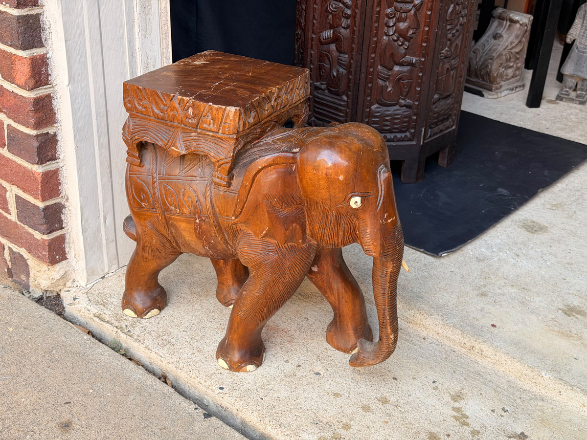 Vintage Thai Hand Carved Wood Elephant Plant Stand Side Table Stool 18 in