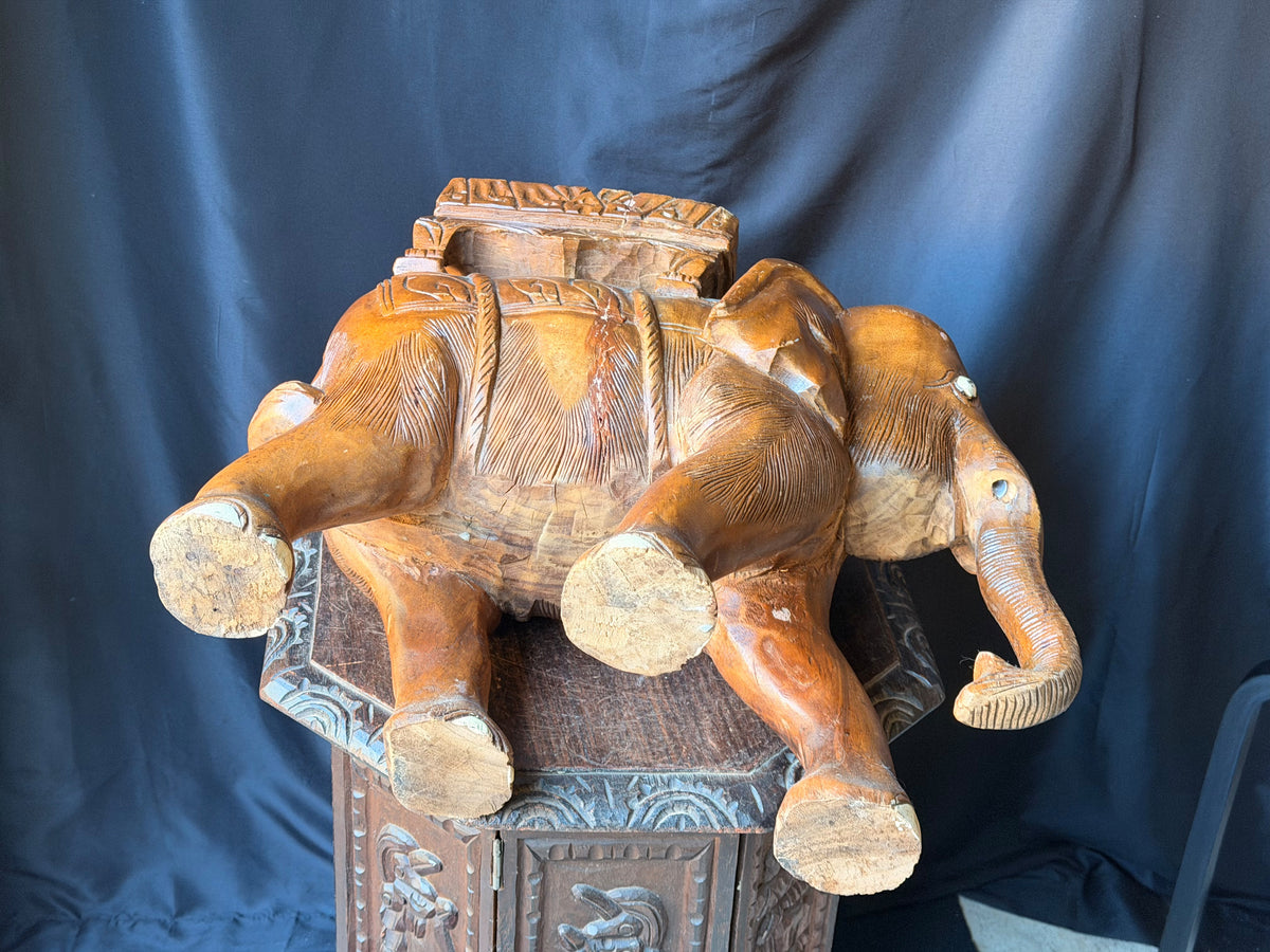 Vintage Thai Hand Carved Wood Elephant Plant Stand Side Table Stool 18 in
