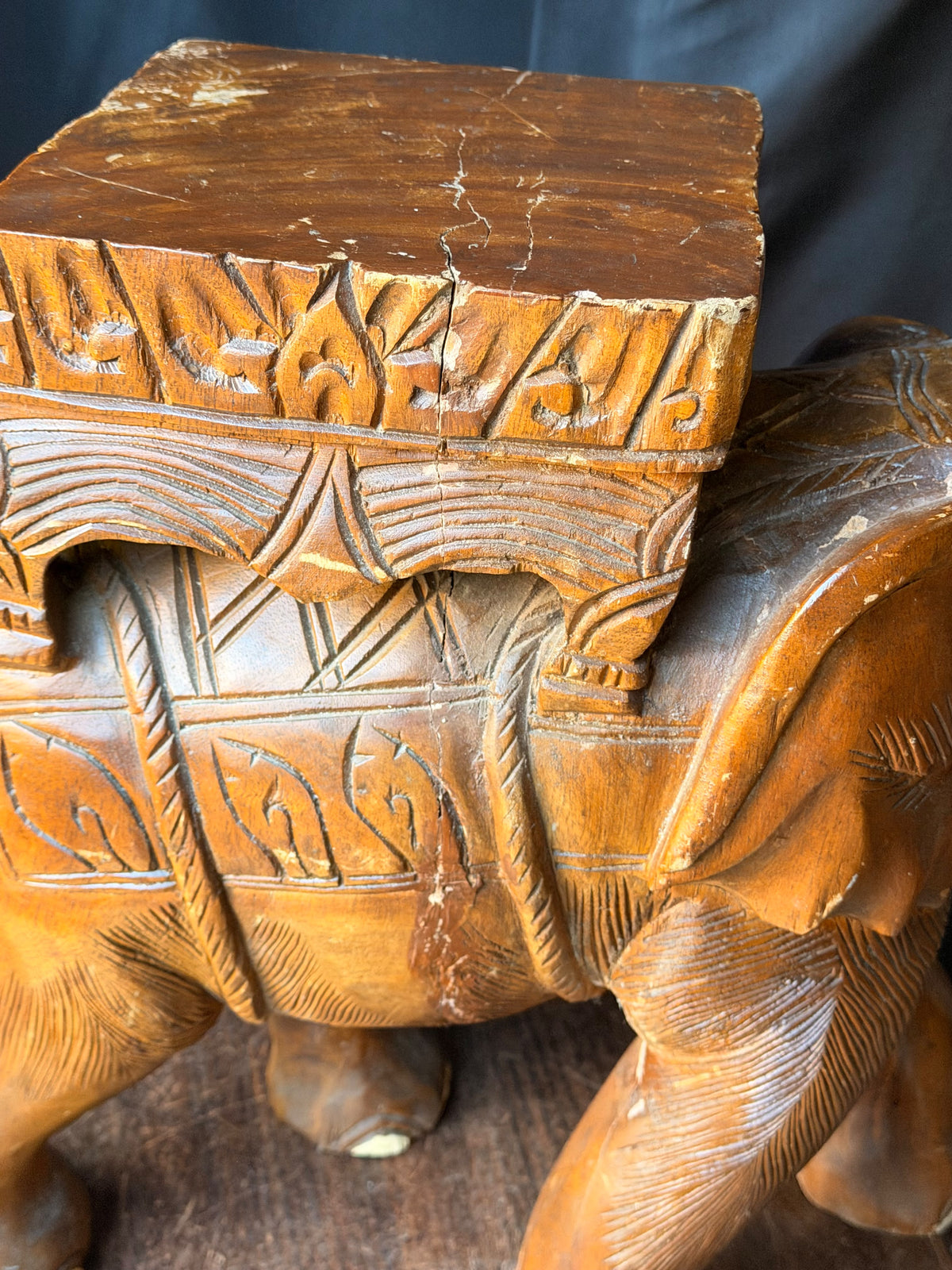 Vintage Thai Hand Carved Wood Elephant Plant Stand Side Table Stool 18 in