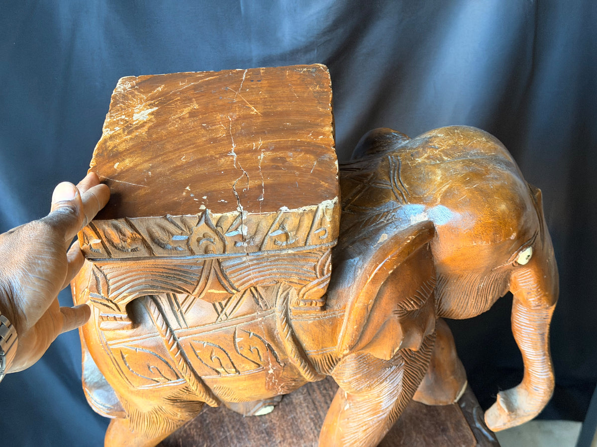 Vintage Thai Hand Carved Wood Elephant Plant Stand Side Table Stool 18 in